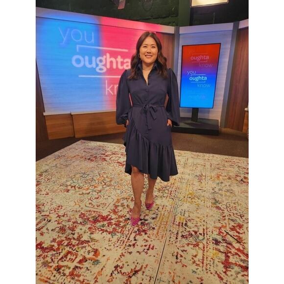 OSMAN YOUSEFZADA Blue Twill Ruffle Button Front Parachute Sleeve Shirt Dress 8 - Picture 15 of 15